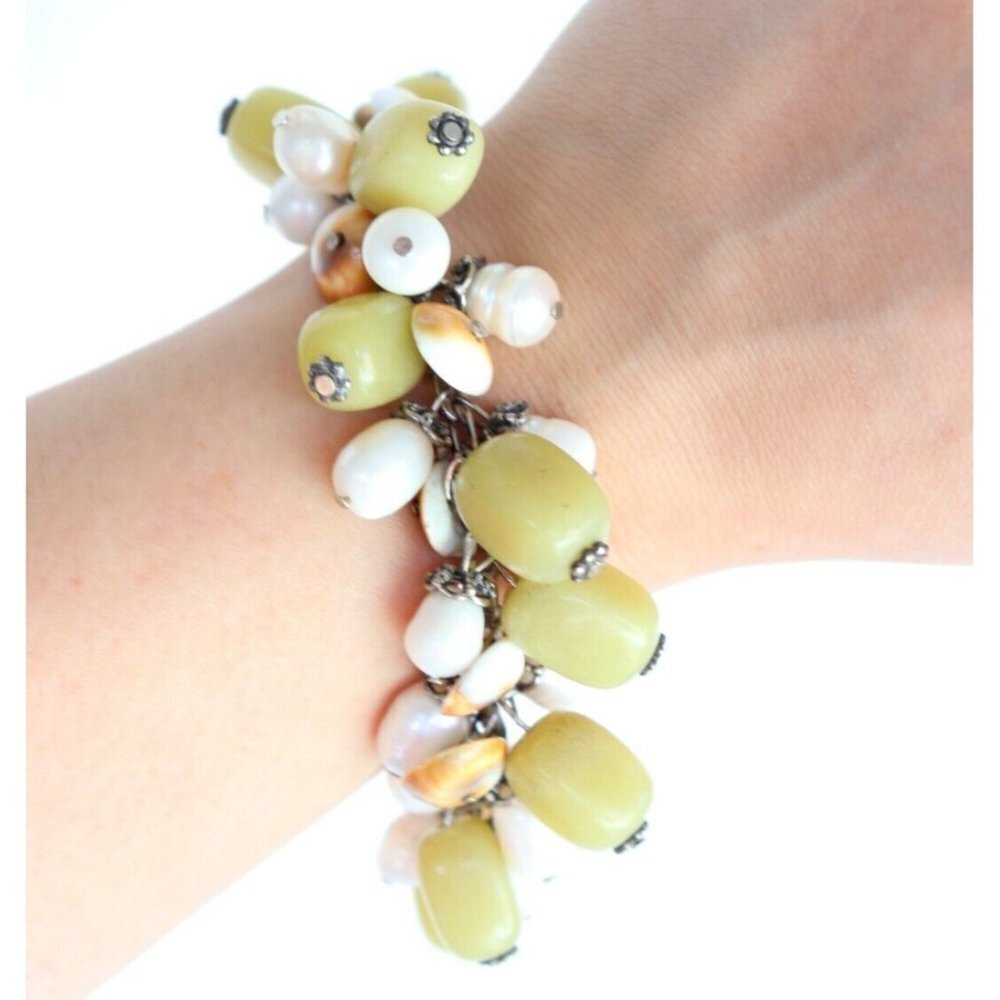 Tess Klein Women's Green Funky Charm Bracelet 9" 925 Canada Gemstone Pearls $475